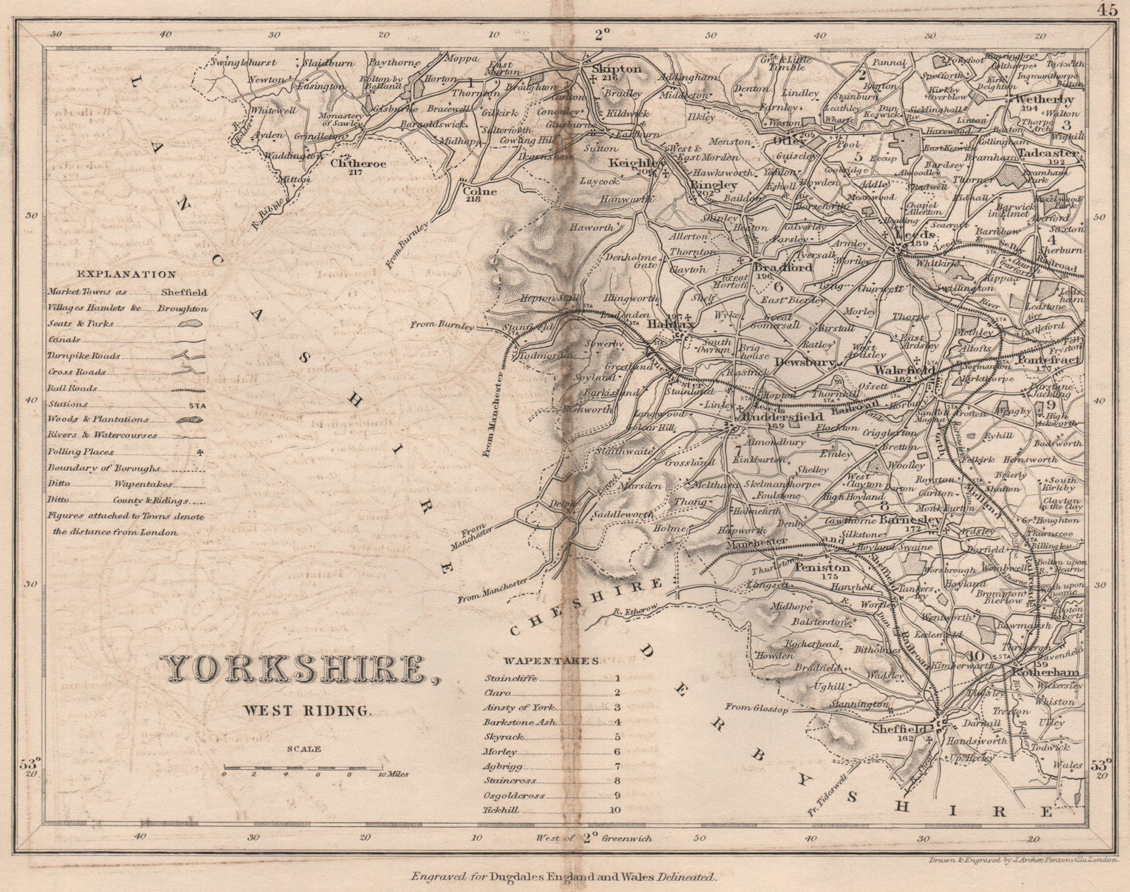 YORKSHIRE, SOUTH WEST county map showing wapentakes by DUGDALE/ARCHER 1845